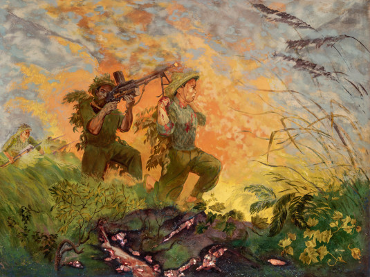 Ле Винь. Подвиг Бе Ван Дана. 1957 г. Дерево, лак, перламутр 