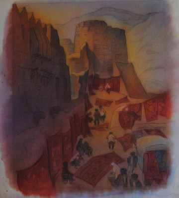Кириченко Ю.  Г.  Дербент. На ковровом базаре, из серии Дагестанские мотивы, 2008 г., бумага, акварель. ДМИИ им. Гамзатовой