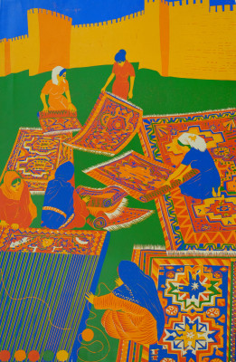 Магомедов М. Ковровщицы, 1970-е гг., цв. Линогравюра. ДМИИ им. Гамзатовой